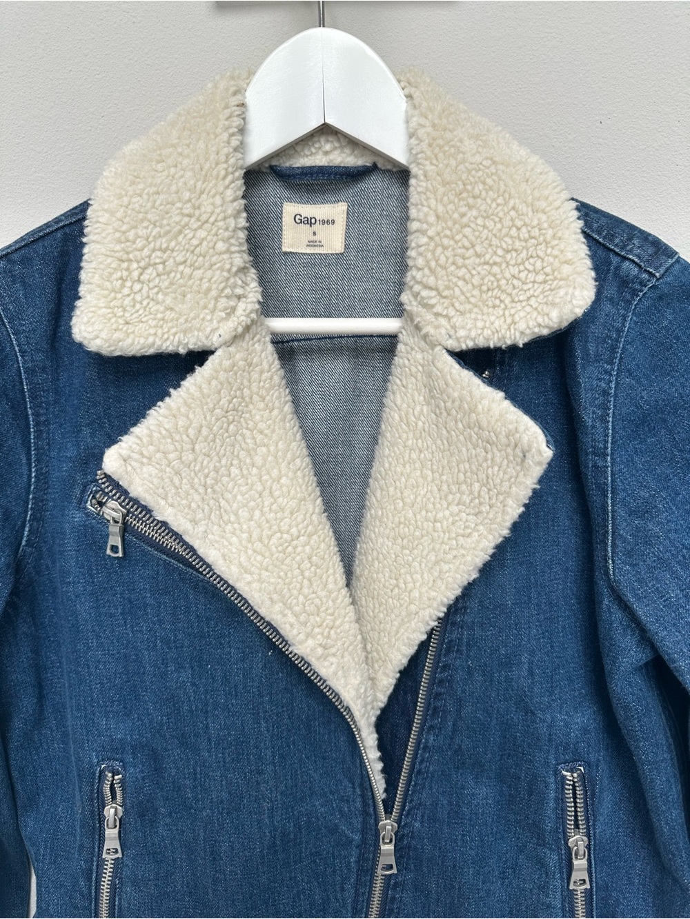 GAP Blue Denim Jacket with Cream Sherpa Collar